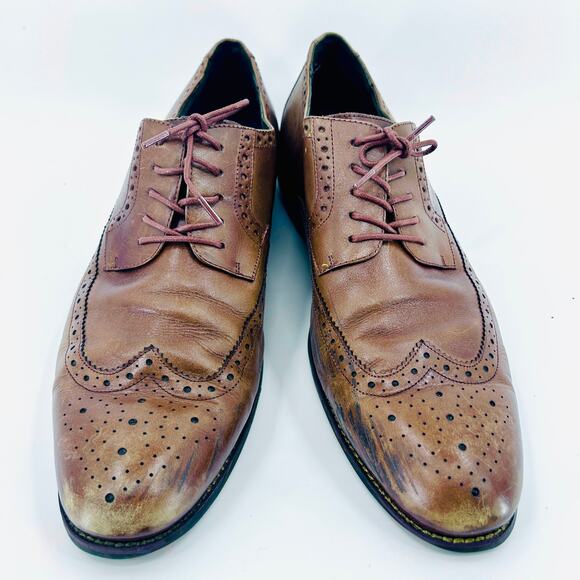 Stacy Adams Brown Tan Leather Wingtip Brogue Oxford Dress Shoes - Picture 2 of 8